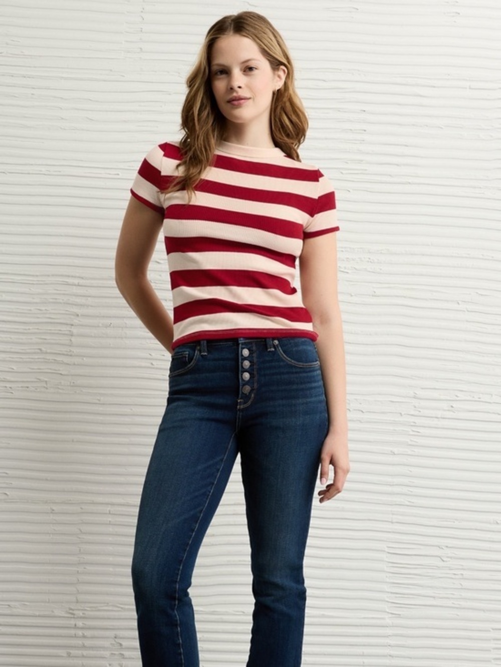 NWT AE Striped Short-Sleeve Rib Knit Waffle Top in Red and Cream